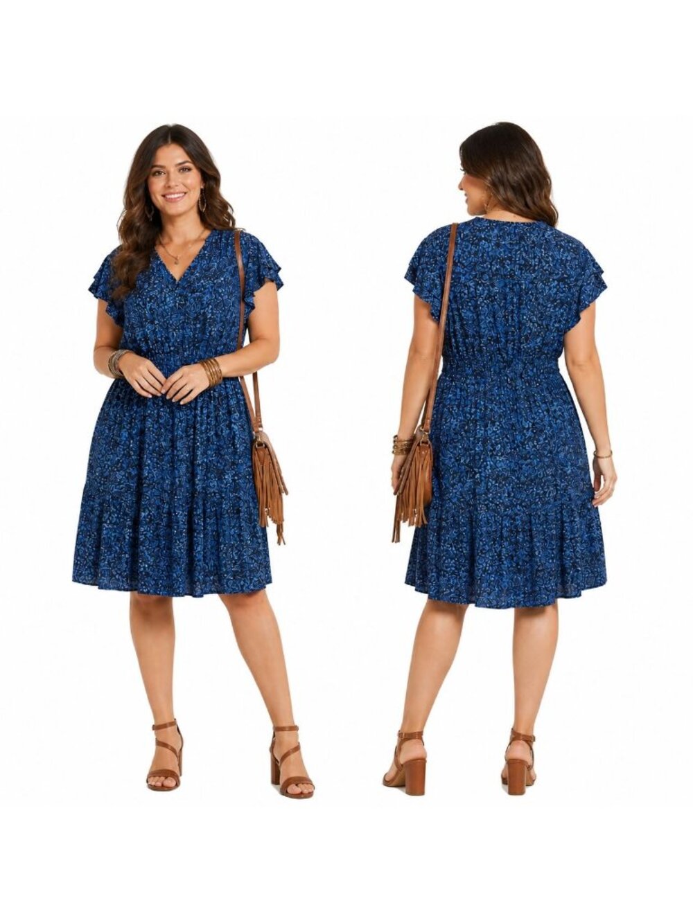 Terra &Sky Paisley Tiered Flutter Sleeve Dress Boho Romantic Cottagecore Plus 3X